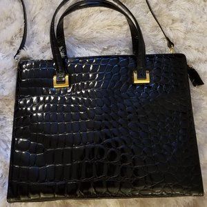 Franchetti Bond Women's Luxury Black Patent Leather & Gold Hardware Handbag, New